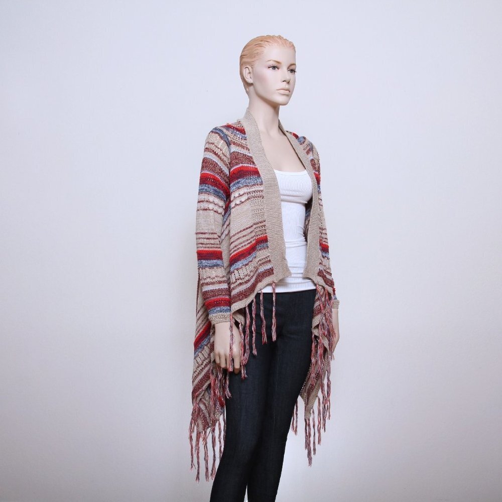 Vintage Striped Boho Fringe Knit Open Cardigan Multicolors Women One Size
